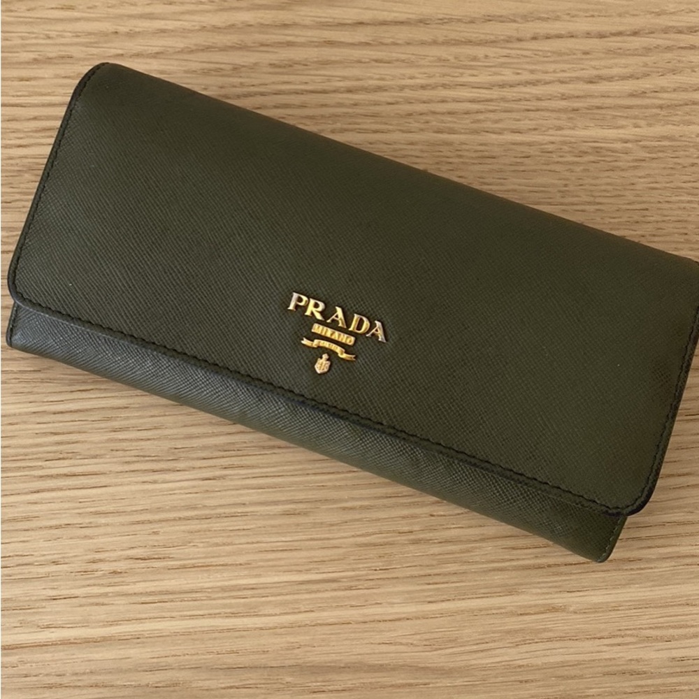 Used Prada Olive Green Saffiano Lux Leather Flap Continental Wallet